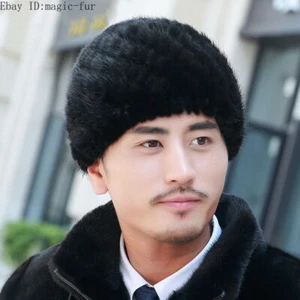 Men's Real Mink Fur Hat Winter Warm Knitted Cap Beanies Stretch Outdoor Ski Hat  - Picture 1 of 8