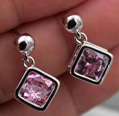 Pretty New White Gold Filled Simple Square Boxed Pink CZ Stud Dangle Earrings - Image 1 of 2