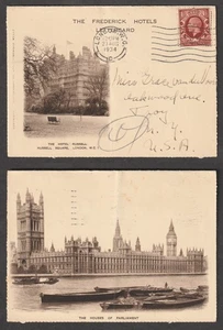 GB to US LONDON GV 1d 1/2d HOTEL RUSSELL Frederick Hotels Letter Card 1934 - Picture 1 of 1