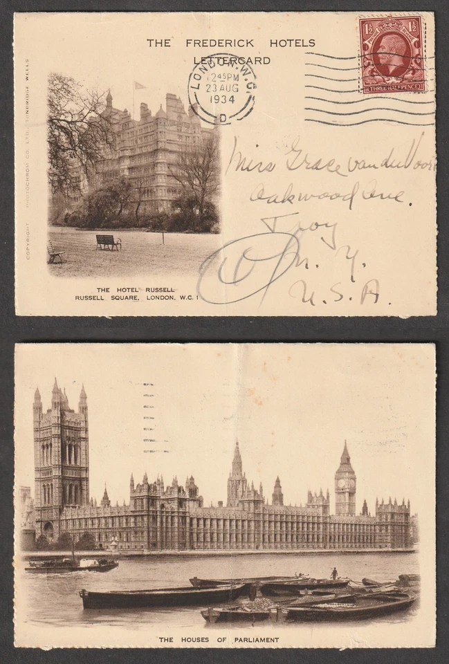 GB to US LONDON GV 1d 1/2d HOTEL RUSSELL Frederick Hotels Letter Card 1934 - Image 1 of 1