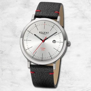 Regent Leder Herren Uhr Armbanduhr Quarz schwarz rot Lederarmband URBA702 - Bild 1 von 5