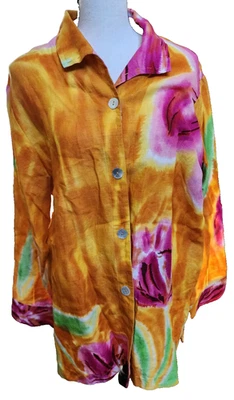 Blusa David Dart Vintage Lino Floral Botones MOP Talla L Foto 1 de 4