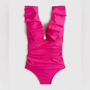 J. Costume da bagno Crew donna 8 rosa fucsia increspato scollo a V pezzo unico spiaggia vaca - Foto 1 di 14