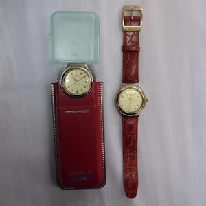 Juego de relojes Swatch Irony 2 piezas esfera dorada plateada caja de cuero rojo marrón - Imagen 1 de 10