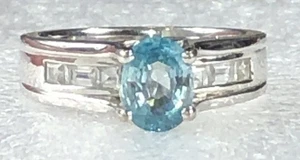 Aquamarine Ring Sterling Silver Cubic Zirconia - Size 7.75 - Picture 1 of 19