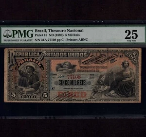 Brazil 5 Mil Reis 1890 P-18 * PMG VF 25 * Rare * - Picture 1 of 8