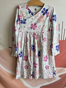 Tea Collection Girls Size 10 Gray Pink Purple Floral Long Sleeve Skater Dress - Picture 1 of 4