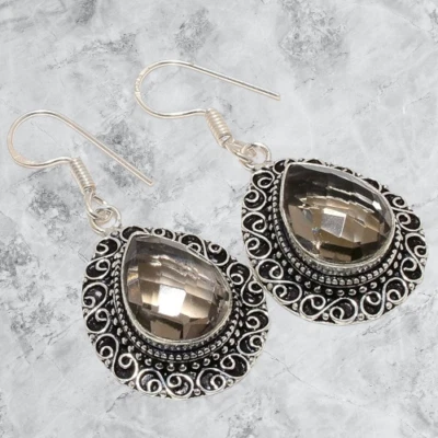 Natural Smokey Quartz Gemstone 925 Sterling Silver Earring 1.8" B364 - Imagem 1 de 4