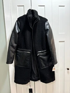 Andrew Marc Black Womens Faux Leather Sherpa Coat, Sz S, Cozy - Picture 1 of 7