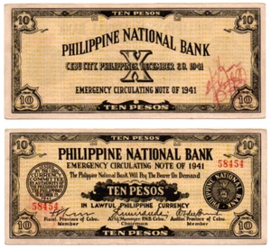 1941 PHILIPPINE Province of Cebu S217 10 Pesos Counter Signed HILONGIS, LEYTE - Picture 1 of 4