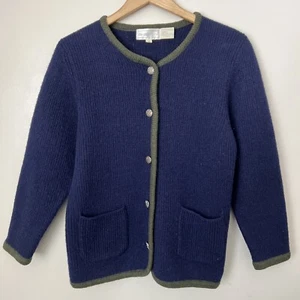 Eagle's Eye 100% Shetland Wool Cardigan Sweater Navy Blue Green Trim M Medium - Picture 1 of 8