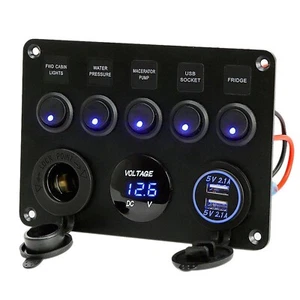 12V 5 Gang ON-OFF Toggle Switch Panel 2USB Fits Car Boat Marine RV Truck Camper - Picture 1 of 2