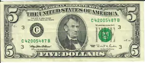 1995 5$ FRN - Small portrait w/ security thread - MEW/RER C42005487B - #15364 - Picture 1 of 2