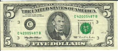 1995 5$ FRN - Small portrait w/ security thread - MEW/RER C42005487B - #15364 - Image 1 of 2