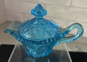 Vintage Kemple Wheaton Blue Aqua Star Yutec Pattern Creamer Bowl Lid UV Glows - Picture 1 of 9