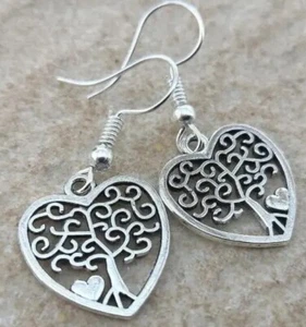 925 Sterling Silver Fashion Heart Tree of Life Heart Drop Dangle Hook Earrings - Picture 1 of 1