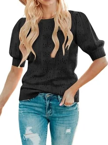 Women's Puff Short Sleeve Sweater Tops Crew Neck Crochet Knit Soft LARGE-BLACK - Picture 1 of 6