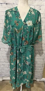 Lane Bryant Faux wrap green floral midi dress long 3/4 sleeve Lined Size 22 - Picture 1 of 8