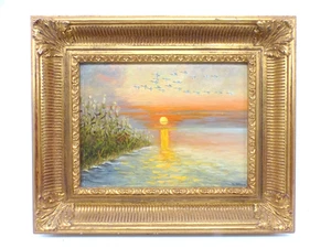 Ölgemälde Sonnenuntergang am See mit Entenschwarm von Rudolf Gall 1991 - Picture 1 of 11