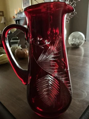 Williams Sonoma Ruby Red Etched Glass Pitcher – Holiday Cranberry Pine Design - Image 1 of 2