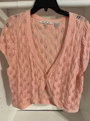 Eight Eight Eight Women’s Pink Open Knit Short Sleeve Cropped Cardigan Large - Image 1 of 3