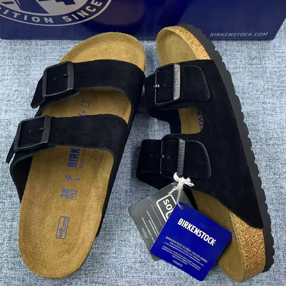 Sandalias unisex Birkenstock Arizona negras de gamuza de cuero estrechas 37-41/ancho 42-45 Foto 1 de 4