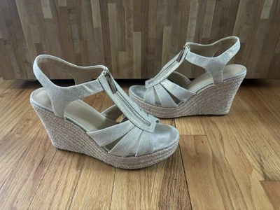 Michael Kors Berkeley Gold Shimmer Linen Zip Up Wedges Size 10 - Image 1 of 4