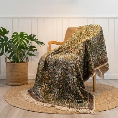 Handmade Cotton Throw Blanket, Floral Block Print, Black and Beige, Home Decor - Image 1 of 4