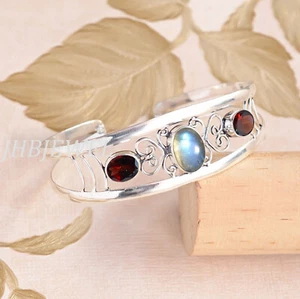 Labradorite & Garnet Cut Gemstone 925 Sterling Silver Cuff Bangle For Best Gift - Picture 1 of 4