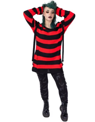 INNOCENT CLOTHING EUROPE LTD Heartless Pullover Oriana Rot Strickpulli Goth Punk Gestreift Longpullover