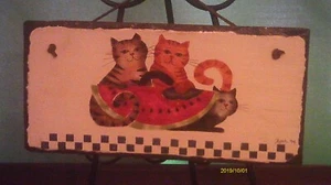 Cats on Slate Plaque with Leather cord Hanger - Picture 1 of 1