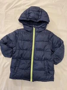 Wonder Nation Boys 4T Fleece Lined Puffer Jacket Navy Blue Green Hoodie Pockets - Picture 1 of 7