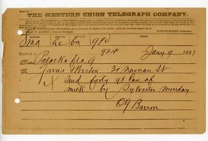 Western Union Telegram Palatka FL 1887 40 galones leche firmado OG Barron Florida - Imagen 1 de 2