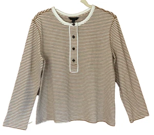 Banana Republic Brown Ivory Stripe Long Sleeve Cotton Henley Top Women's XL NWT - Picture 1 of 15