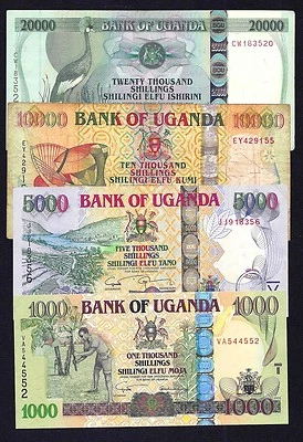 Uganda 1000 + 5000 + 10000 + 20000  Shillings 2008+2009+2005 P-29+37+45+46 - Image 1 of 2