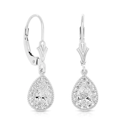 14K Solid White Gold Pear-Cut Teardrop Halo CZ Dangle Drop Earrings Lever-back - Image 1 of 4