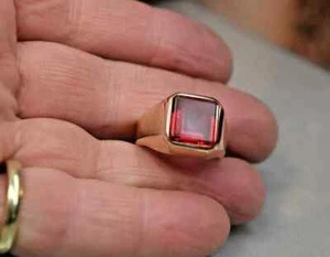 3Ct Princess Cut Lab Created Ruby Solitaire Men Pinky Ring 14KYellow Gold Plated - Picture 1 of 4