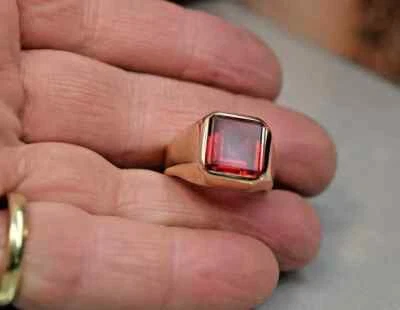 3Ct Princess Cut Lab Created Ruby Solitaire Men Pinky Ring 14KYellow Gold Plated - Image 1 of 4