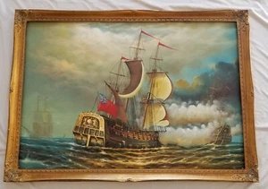 Handmade Old Clipper Boats Battle at Sea Oil Painting - Picture 1 of 12