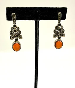 BN02 Vintage 925 Sterling Silver Marcasite Onyx & Amber Dangle Earrings - Picture 1 of 6