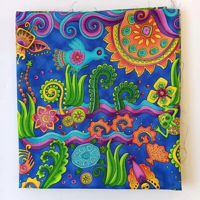 Blue Colorful Tropical Cotton Fabric 29" x 43.5" Frogs Birds Flowers Turtles - Image 1 of 4