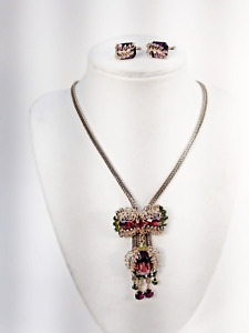ALICE CAVINESS ?  Unsigned Rhinestone Vintage Necklace Earring Set Purple  Green