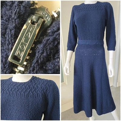 Vintage 30s 1930s Bouclé Crochet Maxi Deco Dress Knit Navy 3/4 Sleeves 40s 1940s - Image 1 of 4