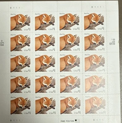 3036 $1 Red Fox Mint Complete Sheet of 20 Stamps - Scarce! - Image 1 of 2