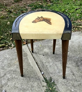 Vintage Cast Iron Horseshoe Footstool with Horse Head Upholstery, Western Decor - Picture 1 of 6