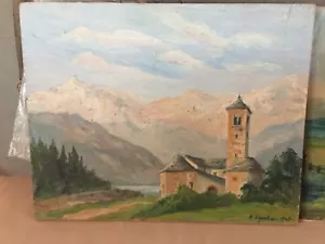 ALPINE CHURCH an Oil on Panel signed by M.Vignolini 1947, 9x11.5" - Picture 1 of 5
