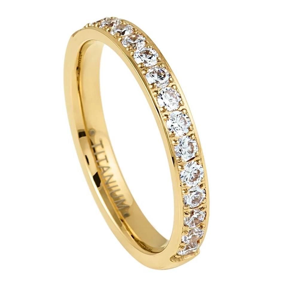 Yellow Gold Plated Titanium Round CZ Eternity Band Women Wedding Band 3mm - Изображение 1 из 1