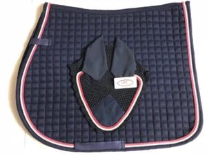 Horse English Saddle Pad Set 8 Colors Matching Fly Bonnet/Veil Ear Net Cotton - Picture 1 of 11