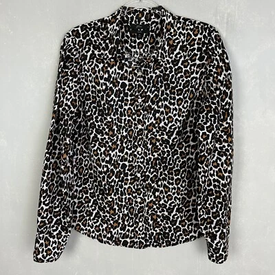 J. Crew Mujer Talla 14 Manga Larga Abotonada Camisa Leopardo Lino Algodón Slim Fit Foto 1 de 4