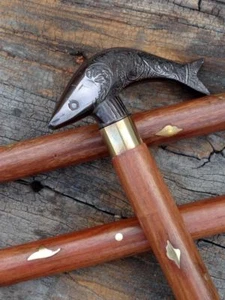 Bastone da passeggio in legno manico testa di pesce antico ottone massiccio vintage 36" regalo - Foto 1 di 6